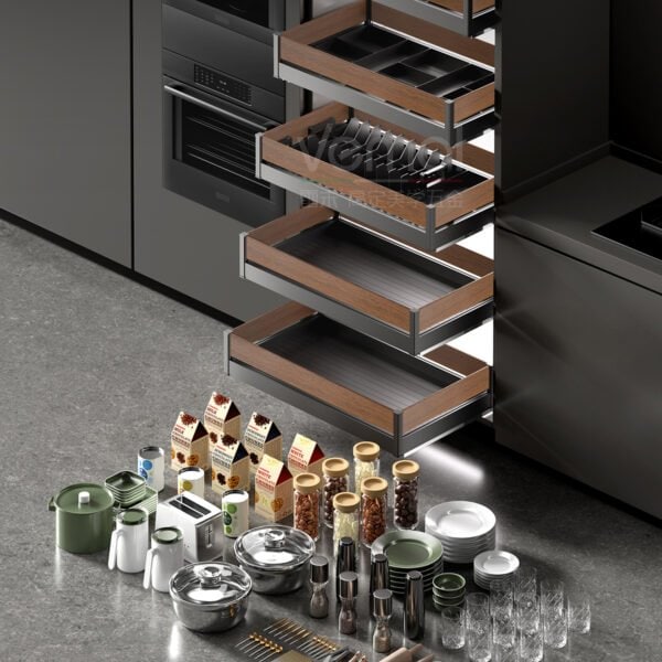 FINE series four-sided single-layer tool pull-out basket (walnut wood)